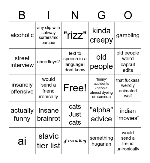 Instagram reeels Bingo Card