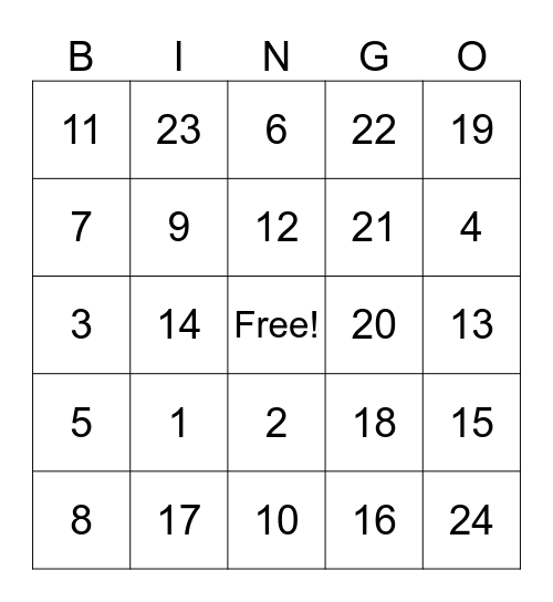 Number Review Bingo Card