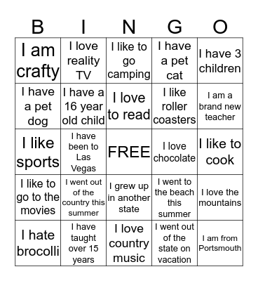 Get to Know Me Bingo Card
