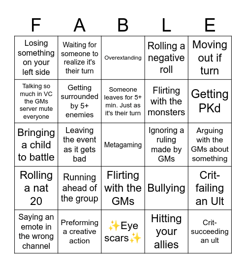 Fables Event Bingo Card