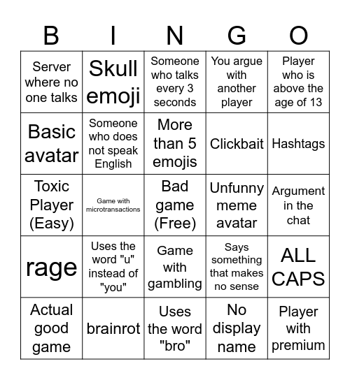 Roblox Bingo Card