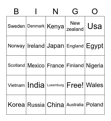 Countries Bingo Card