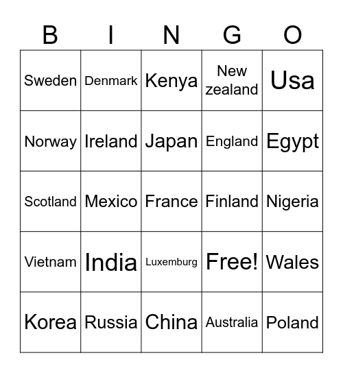 Countries Bingo Card