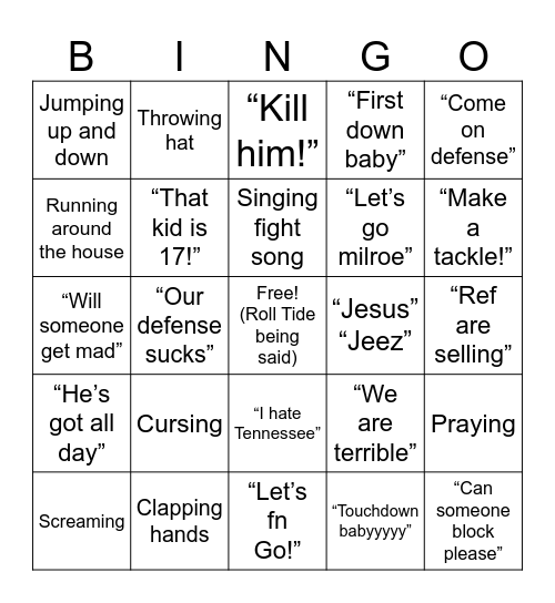 Watching me watch Alabama V.S. Tennessee Bingo Card