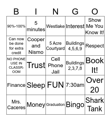 First Day of School Bingo! Bingo Card