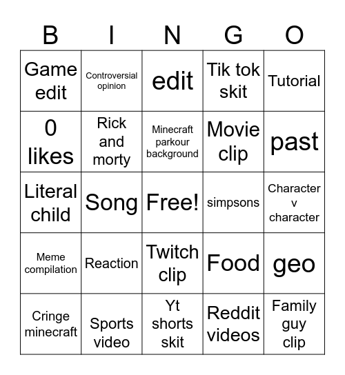 YouTube shorts Bingo Card