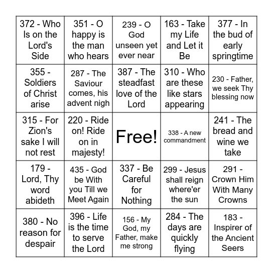 Hymn Bingo Card