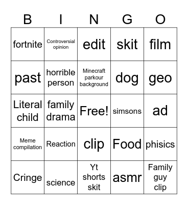 YouTube shorts Bingo Card