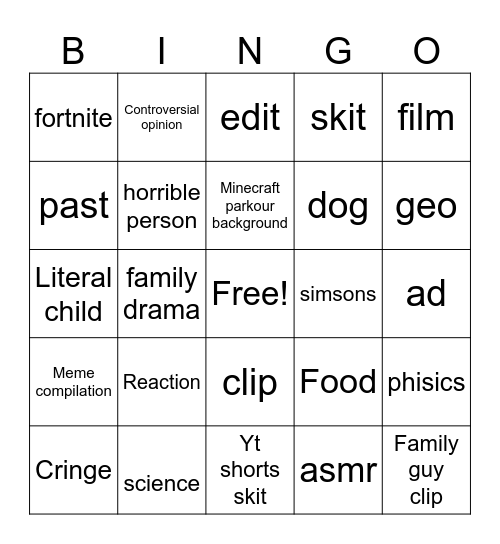 YouTube shorts Bingo Card