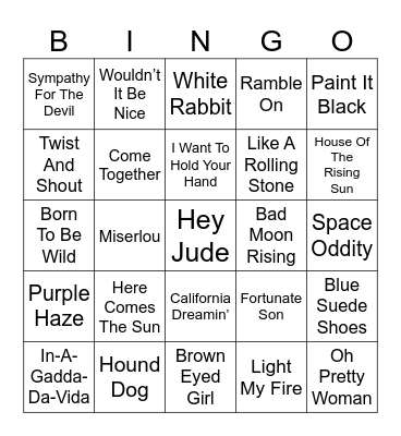 1950s/60s Rock Songs Bingo Card