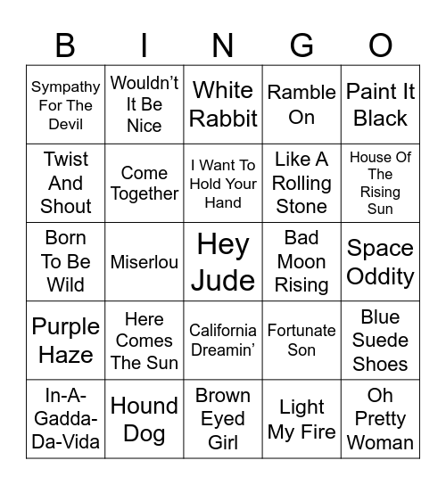 1950s/60s Rock Songs Bingo Card