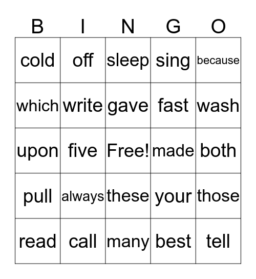 Dolch Bingo-2nd Bingo Card