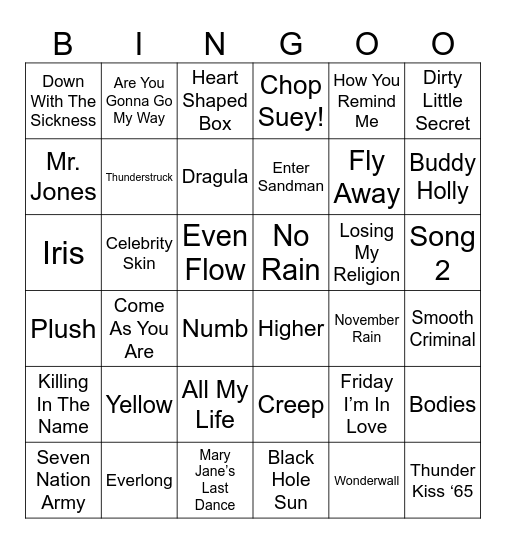 1990s/2000s Rock Songs Bingo Card