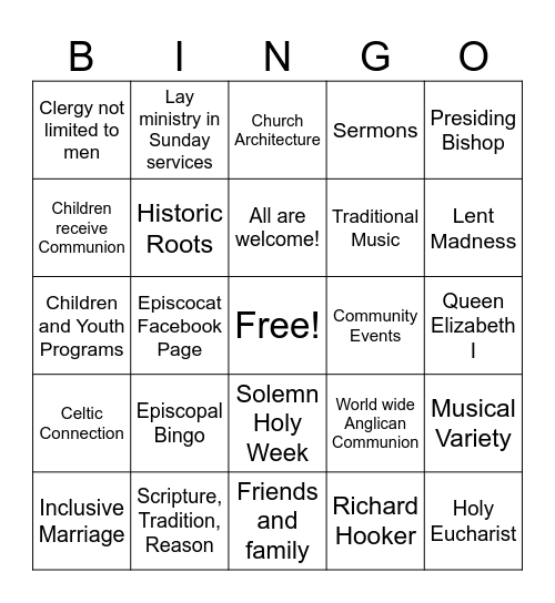 Why I Remain Episcopalian Bingo Card