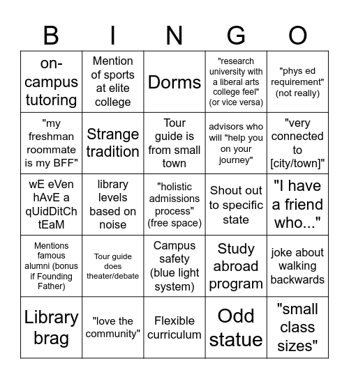 College Tour Bingo Card