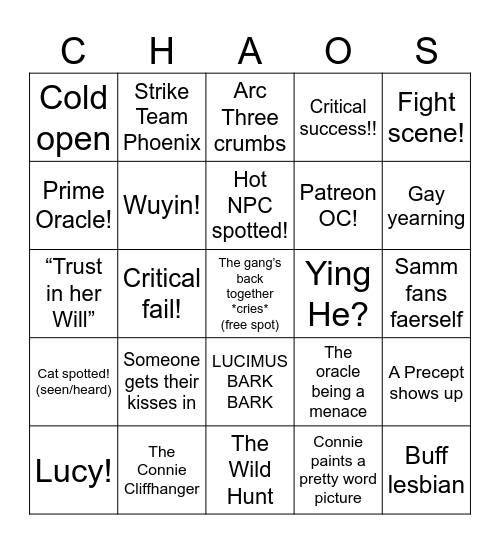 CHAOS Arc 2 Interlude!! Bingo Card