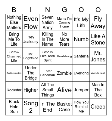 1990s/2000s Rock Songs Bingo Card