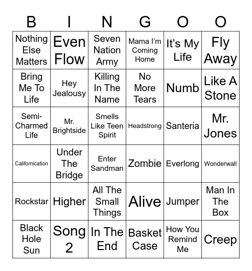 1990s/2000s Rock Songs Bingo Card