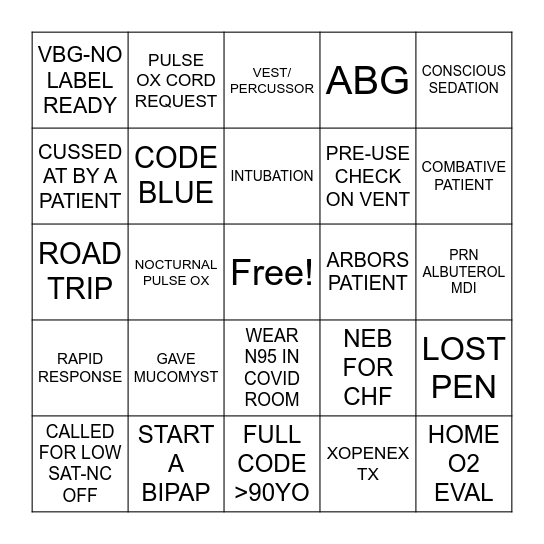 Respiratory Bingo Card