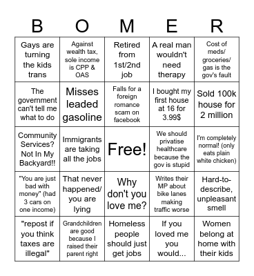 Canadian Boomer Bingo Card