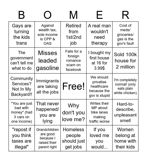 Canadian Boomer Bingo Card