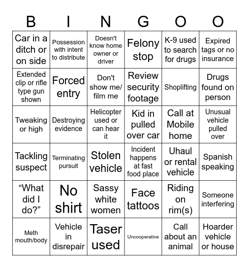On Patrol Bingo Card