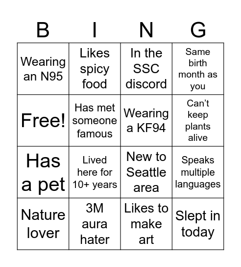 PYF Bingo Card