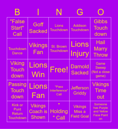 Football Bingo - Vikings VS Lions Bingo Card