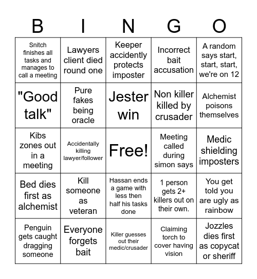 Among Us Bingo Card