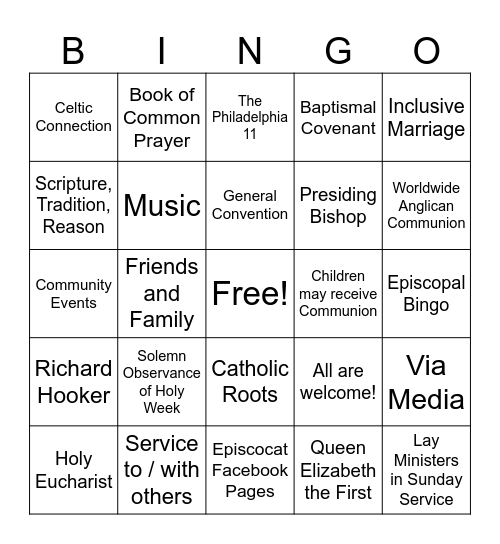 Episcopalness Bingo: The Episcopal Experience Bingo Card