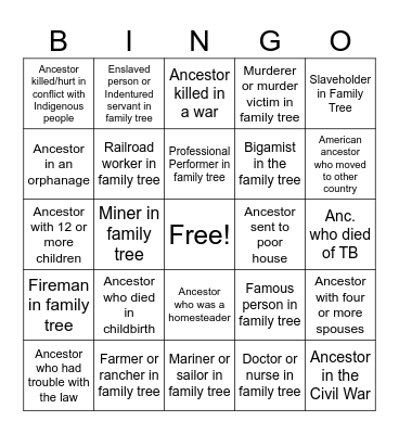 Genealogy Bingo Card
