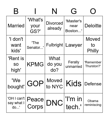 GWU Reunion Bingo Card
