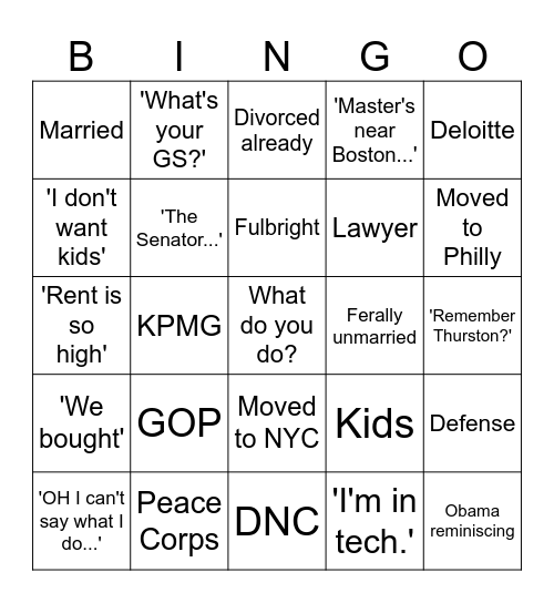 GWU Reunion Bingo Card