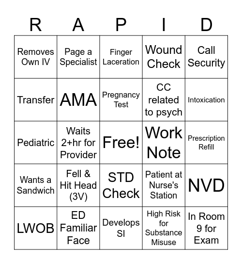 "Rapid" "Care" Path BINGO Card