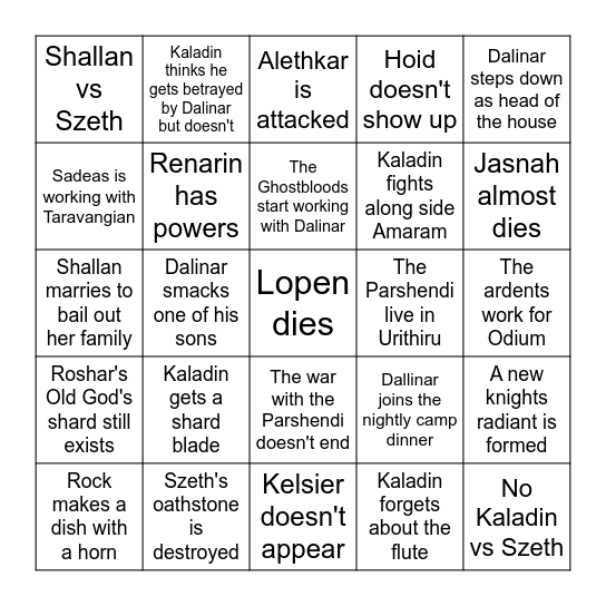 Ahmed's Words of Radiance Bingo Card