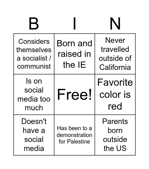 Socialist Bingo Card