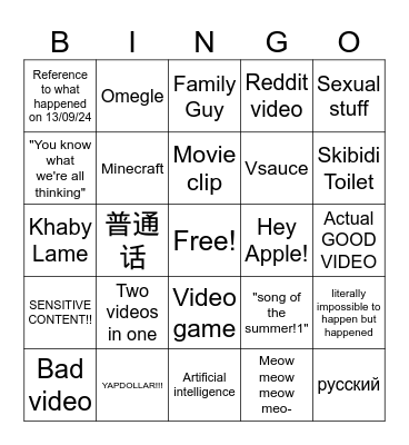 Tiktok Bingo Card
