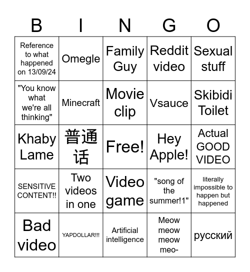 Tiktok Bingo Card