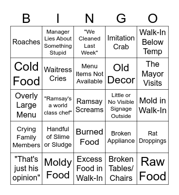 Kitchen Nightmares Bingo Card