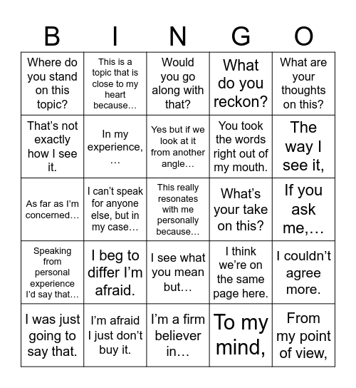 Opinions Bingo Card