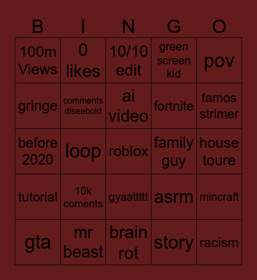 youtube shorts Bingo Card