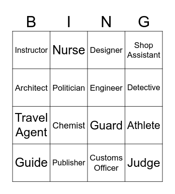 Professions Bingo Card