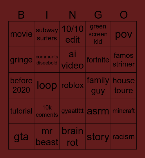 youtube shorts Bingo Card