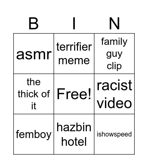 tik tok Bingo Card