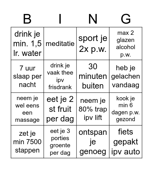 Gezonde leefstijl Bingo Card