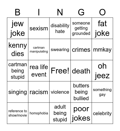 south park Bingo Card