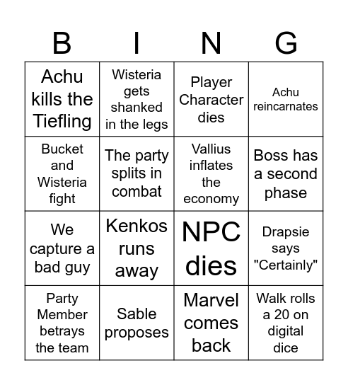 Session 69 Bingo Card