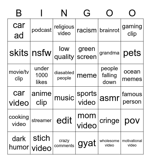 Instagram Bingo Card