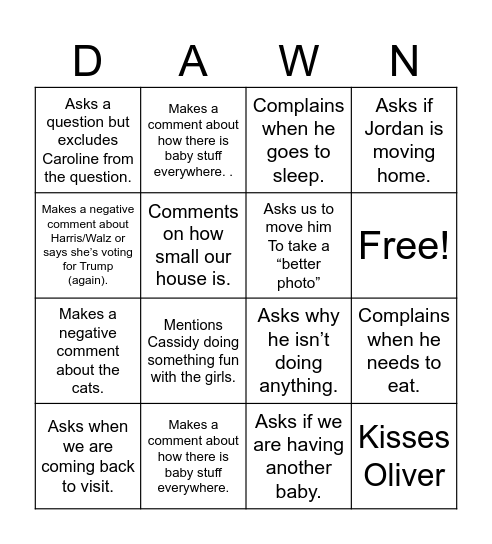 Dawn Bingo Card