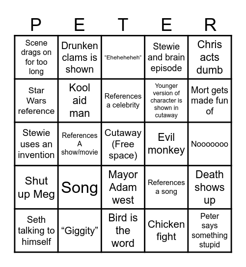 Family guy Bingo Card